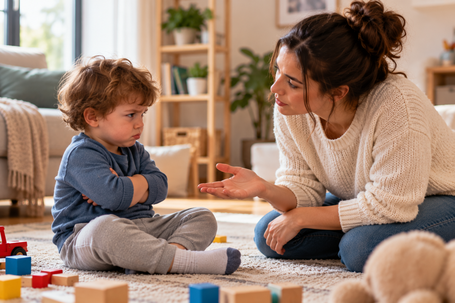 Parent calmly setting a boundary with a toddler at home.